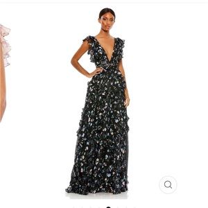 Mac Duggal Ruffled Floral Print Cap Sleeve Gown